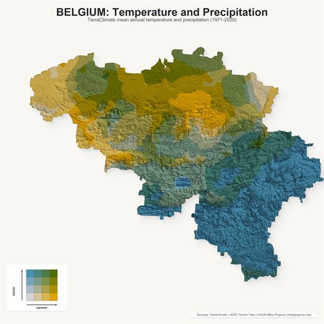 Bivariate 3D regional map of Belgium with shaded relief and statistical coloring.