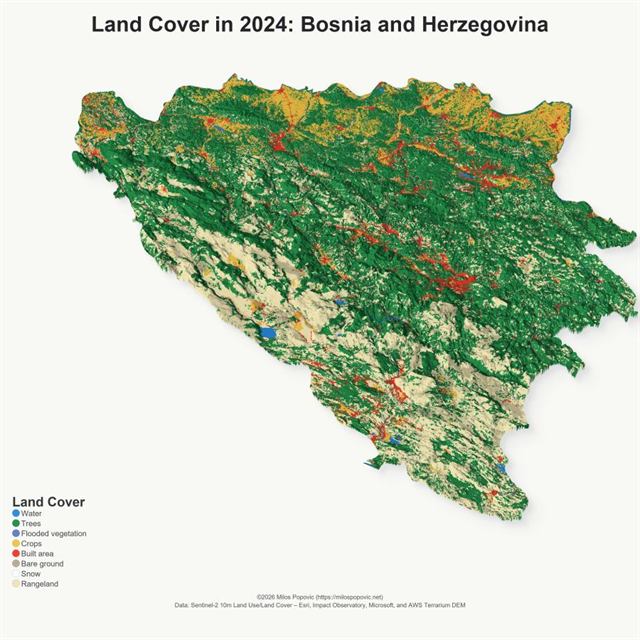 Land-cover map of Bosnia and Herzegovina showing forest, agriculture, water, and built areas.