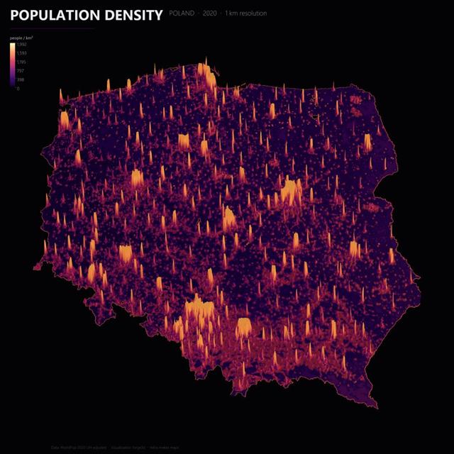 3D population spike map of Poland with height-shaded settlements over terrain.