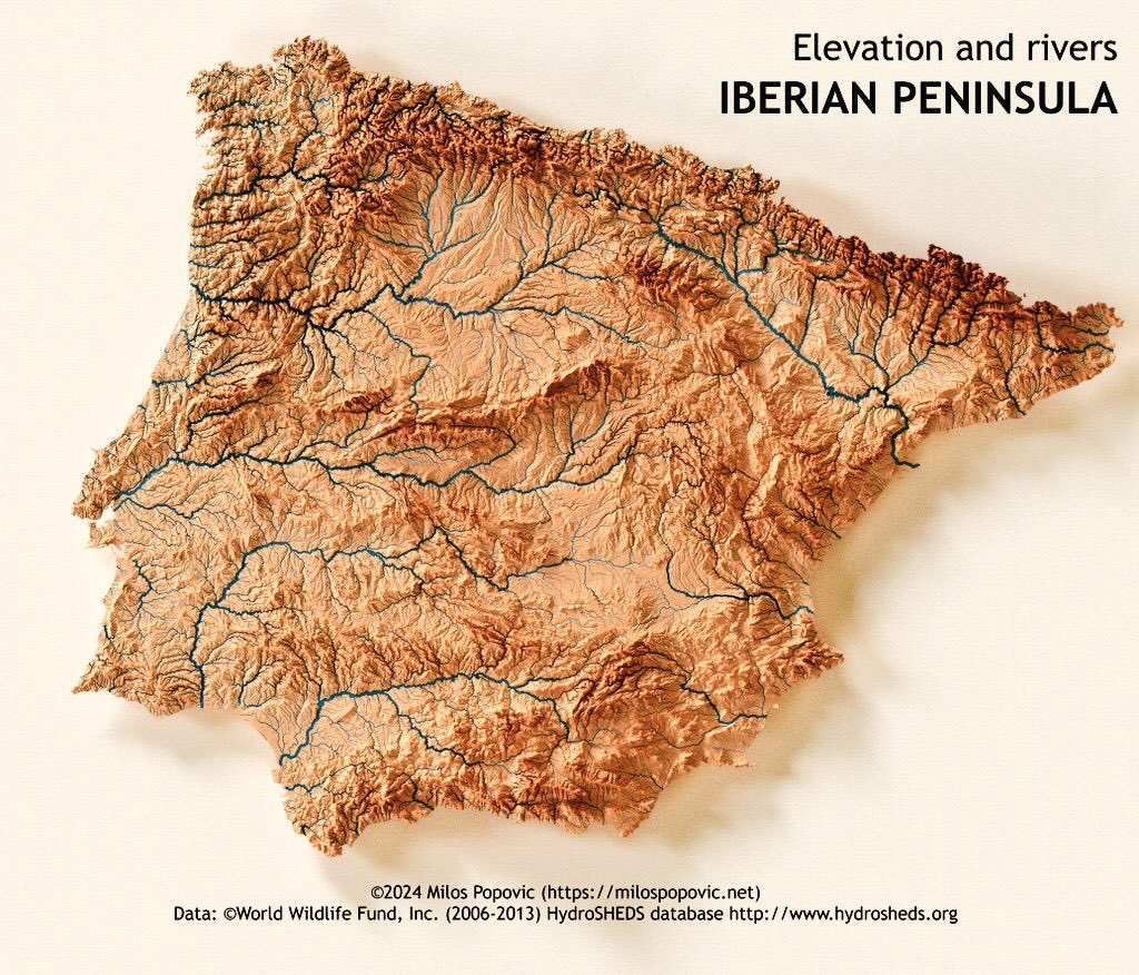 Elevation and rivers IBERIAN PENINSULA
